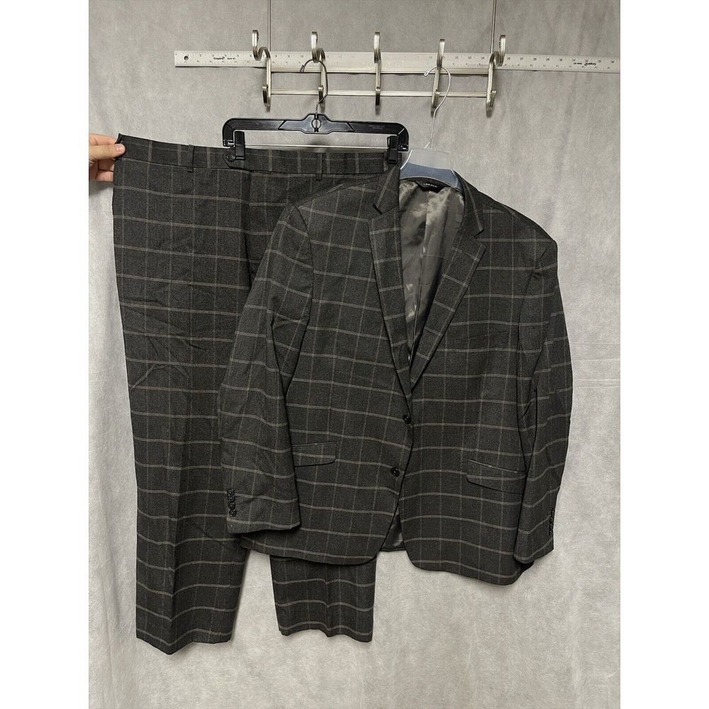 Lineage Suit Men‎ 48R Gray Brown Windowpane Plaid Flannel Pants 42x29.5 Luxury